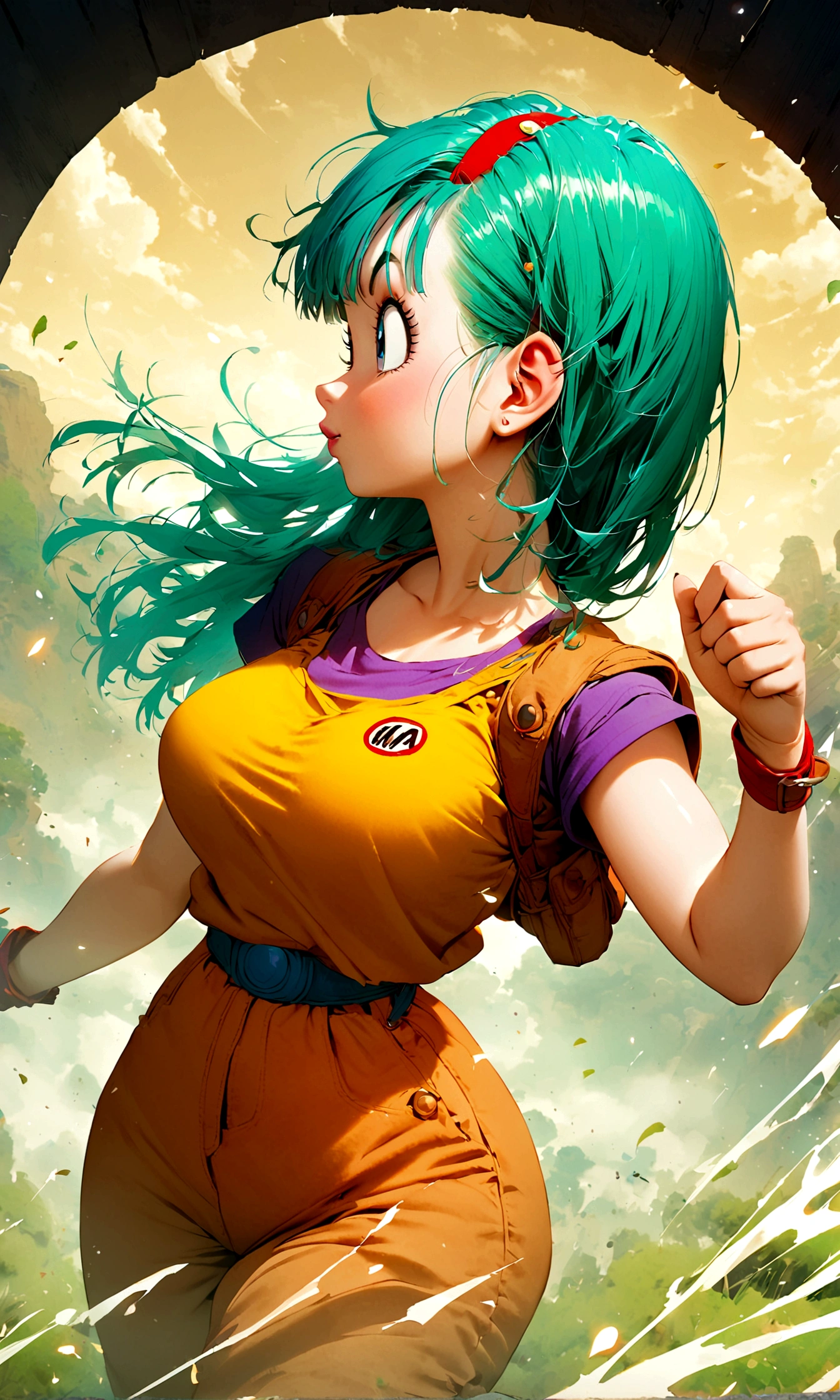a woman with green hair and a red shirt holding a dragon ball, bulma from dragon ball, extremely detailed artgerm, saiyan girl, samira from league of legends, artgerm detailed, inspired by Akira Toriyama, dragon ball concept art, artwork in the style of guweiz, senna from league of legends