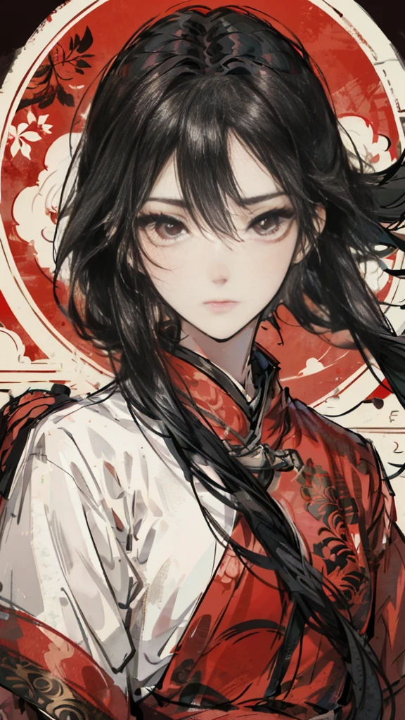 Mature girl, black hair, floating hair, delicate eyes, red pupils, black and red antique damask hanfu, FOV, f1.8, masterpiece, complex scene, gorgeous portrait shot