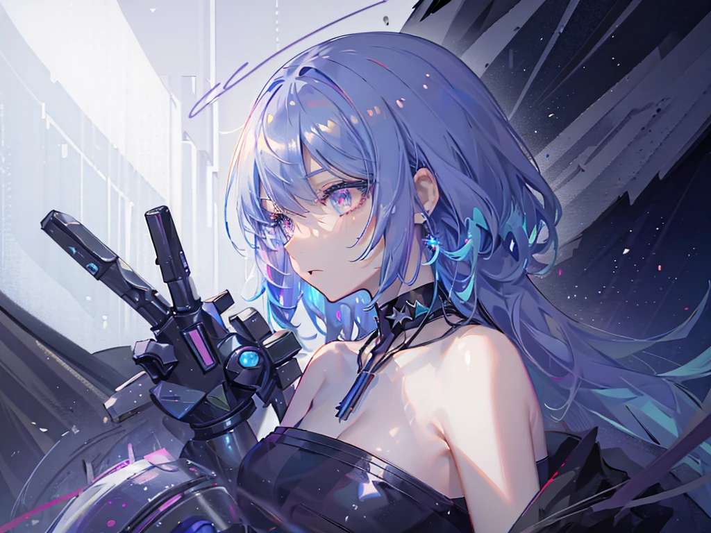 8k wallpaper，tmasterpiece，cinmatic lighting，top Quority，illustratio，Dramatic angles，（（a color：1.1）），（（Colored inner hair：1.4）），
1girll， solo， long blue hair， SakuraNS， Pink eyes， Cross necklace， parted lip， a white choker， liquid hair， Light blue hair， By bangs， By bangs， From the side Side， contours， The upper part of the body， blue hairs， simple backgound， Black and purple back ground， exposed bare shoulders， sportrait， looking at viewert， white dresses， hairsbetweeneyes， colorfulhair， Galaxy Background, Nebula, 耳Nipple Ring，jewely, majestic space creature