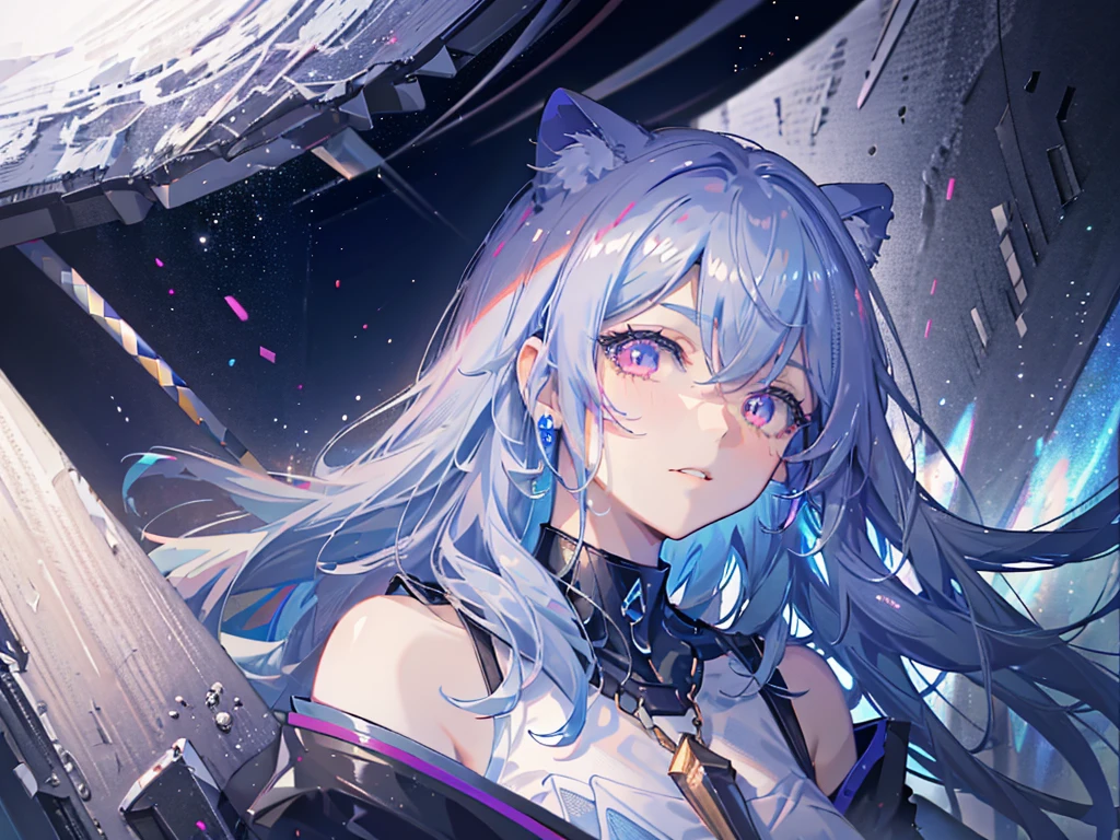 8k wallpaper,tmasterpiece,cinmatic lighting,top Quority,illustratio,Dramatic angles,((a color:1.1)),((Colored inner hair:1.4)),
1girll, solo, long blue hair, SakuraNS, Pink eyes, Cross necklace, parted lip, a white choker, liquid hair, Light blue hair, By bangs, By bangs, From the side Side, contours, The upper part of the body, blue hairs, simple backgound, Black and purple back ground, exposed bare shoulders, sportrait, looking at viewert, white dresses, hairsbetweeneyes, colorfulhair, Galaxy Background, Nebula, 耳Nipple Ring,jewely, majestic space creature