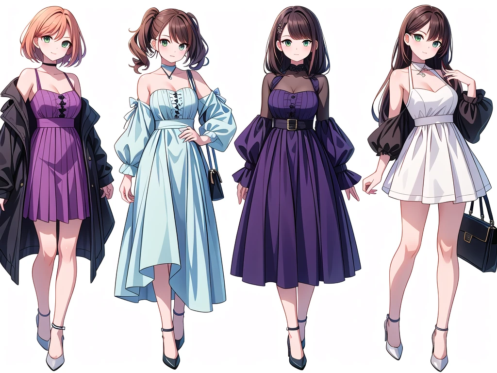 (((Best Quality))) , ((full body)), 4 lady, adult woman, multiple views, white background, variety of hairstyles, variety of fashion styles, seductive pose, fashionable and trendy atmosphere, holding bag, spring outfits, walk pose, dark blue/dark orange/dark green/dark violet/brown/white, fantasy outfit,