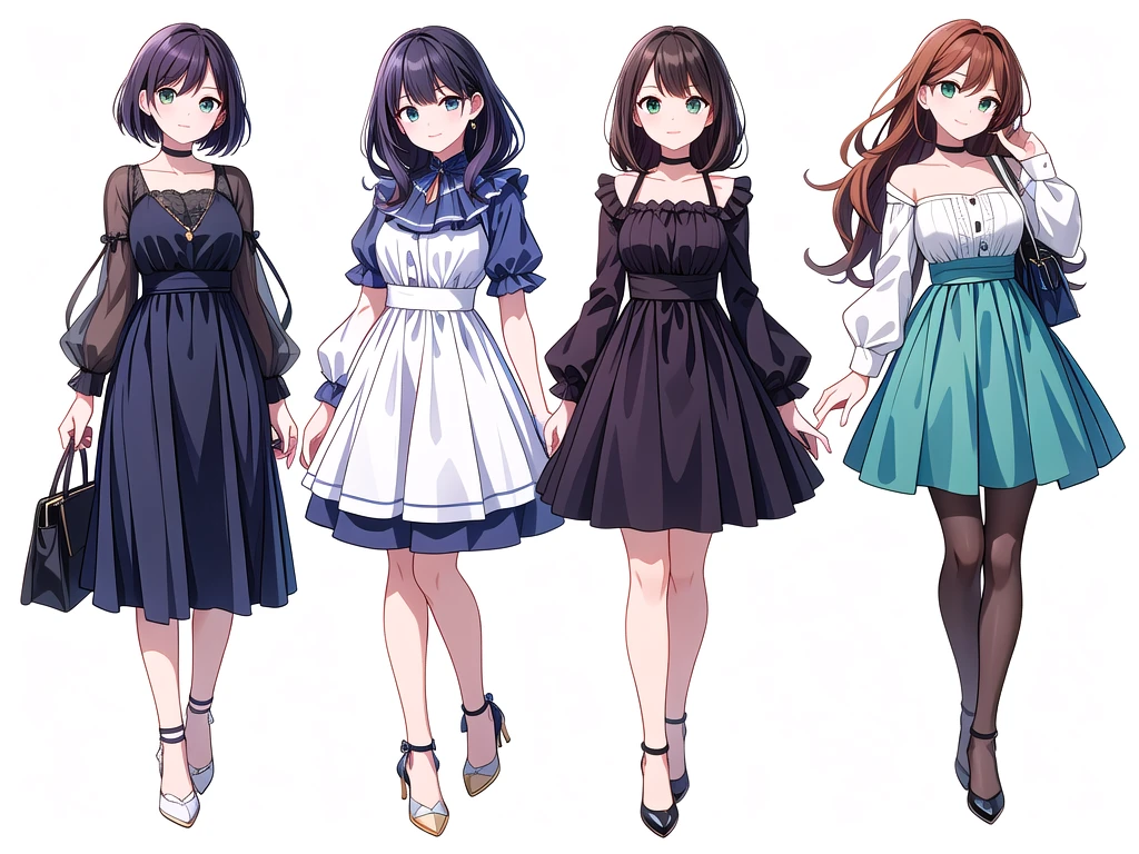 (((Best Quality))) , ((full body)), 4 lady, adult woman, multiple views, white background, variety of hairstyles, variety of fashion styles, seductive pose, fashionable and trendy atmosphere, holding bag, spring outfits, walk pose, dark blue/dark orange/dark green/dark violet/brown/white, fantasy outfit,