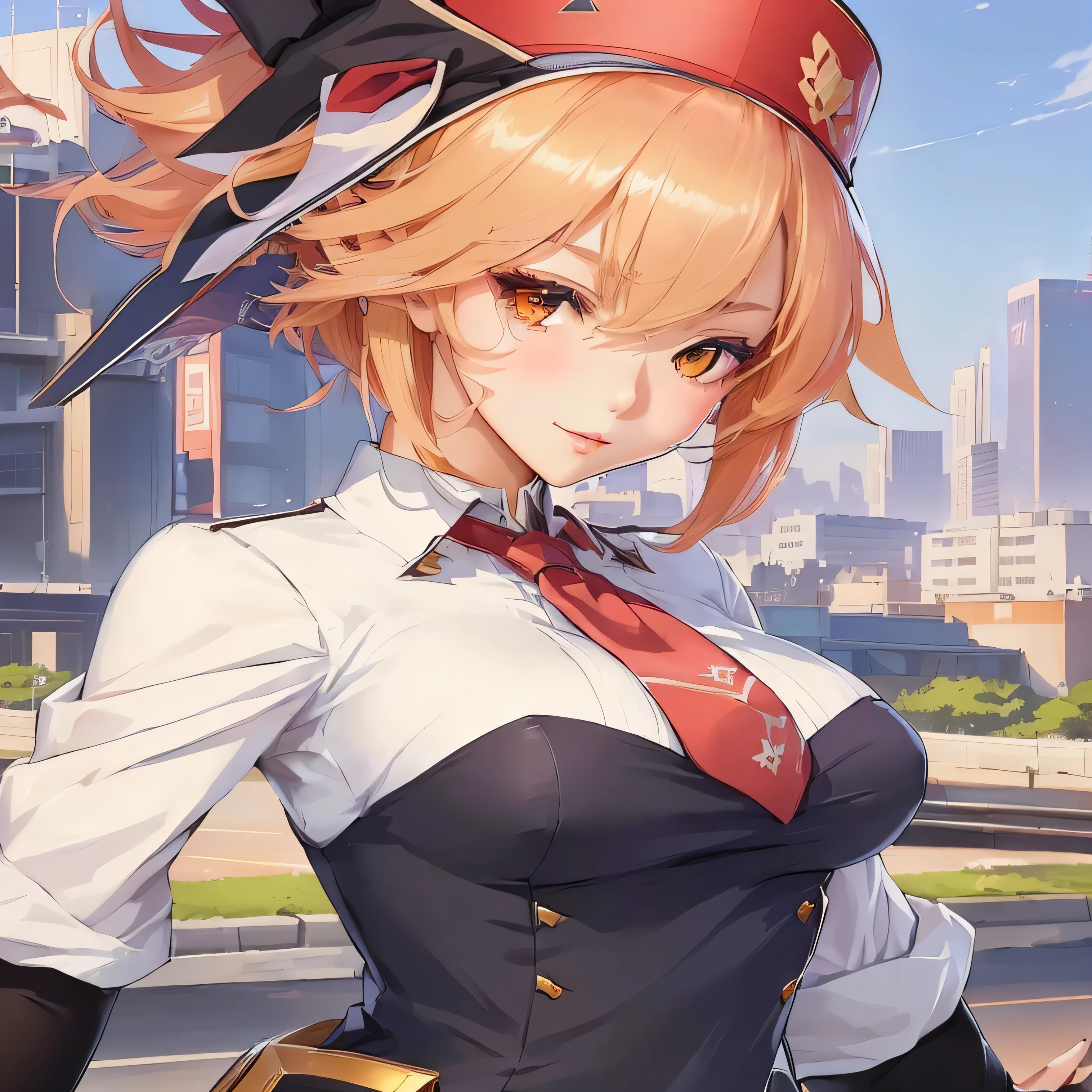 Beautifal girl with a hat and a tie standing in front of a city, ayaka genshin impact, ayaka game genshin impact, cushart krenz key art feminine, seductive anime girl, official art, best anime 4k konachan wallpaper, from the azur lane videogame, female protagonist 👀 :8, official artwork, rin
