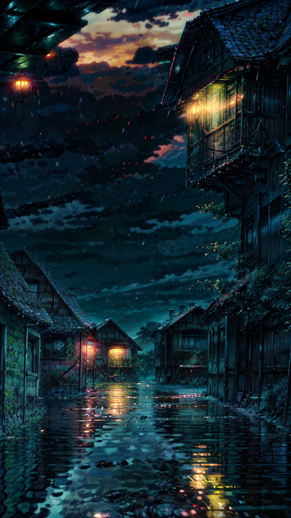 A painting of an autumn landscape, dead trees, dark cloud, rain:: 5, rain storm:: 5, mud puddle, dead grassy field, night time light, dark sky, full moon.