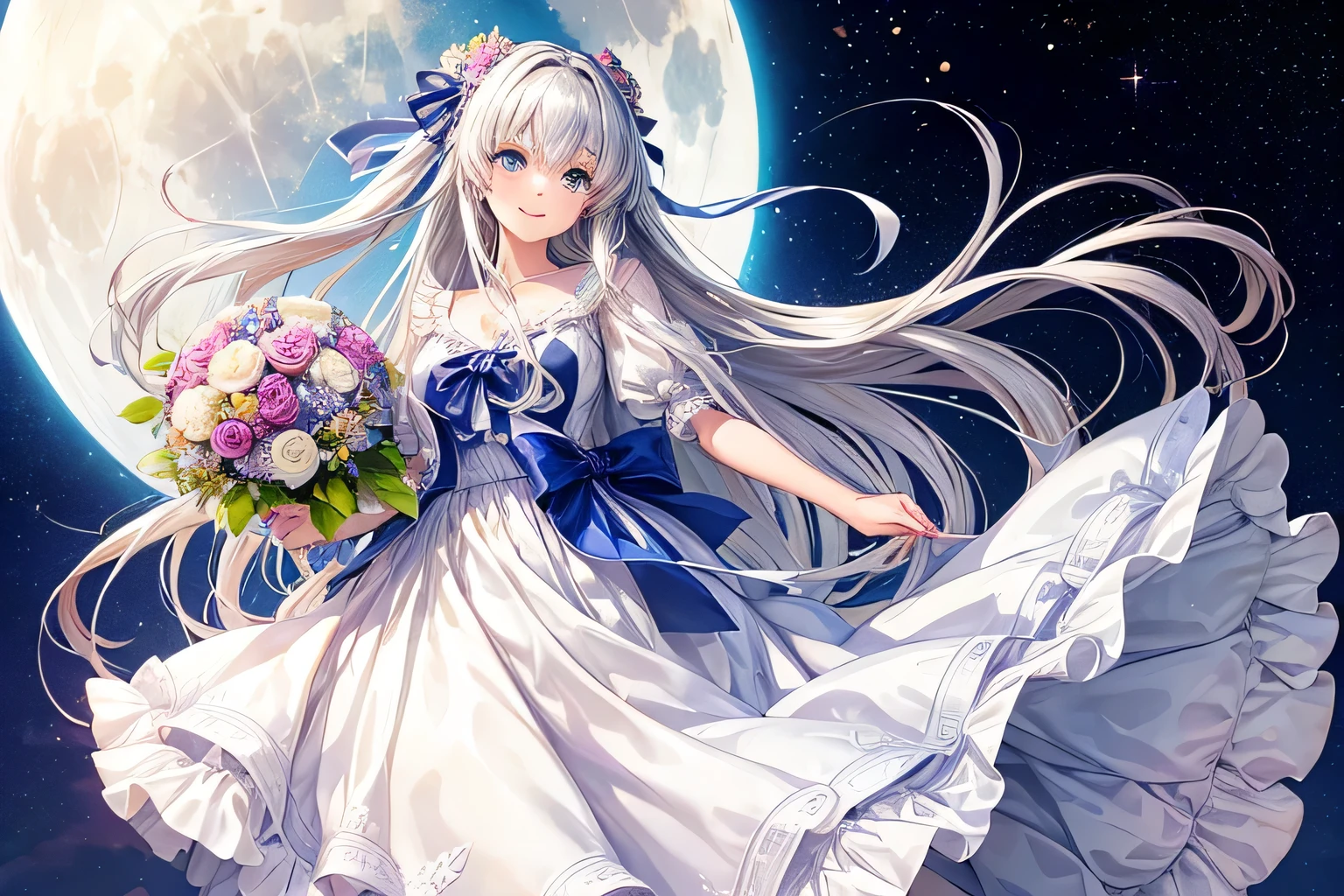 ((worst quality, low-quality)),Anime style yet realistic illustration, a beautiful girl with beautiful blue eyes and long silver hair is smiling from ear to ear, holding a bouquet of colorful flowers in her hand, her long white skirt dress waving in the wind, and a large figure. The background of Nakazawa's balloons filling the night sky with a beautifully shining full moon, plump shiny lips, (:1.2), Beautiful clear eyes, (The best smile), masutepiece,Best Quality,ultra-detailliert,