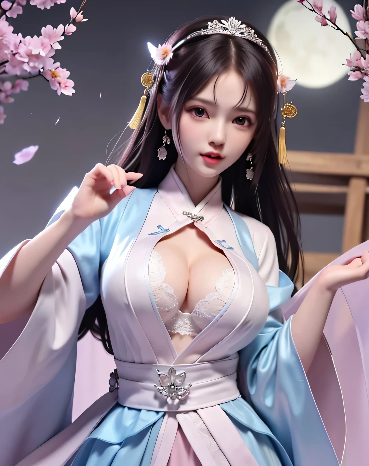 (8k, RAW photo:1.2), best quality, ultra high res,dramatic angle,(fluttered detailed color splashs), (illustration),(((1 girl))),(long hair),(rain:0.9), (Headdress:1.4),There is an ancient palace beside the girl,Hanfu,(Key Points),Color ink painting,(Splash of Color),Splash of Color,(((colorful))),(sketch:0.8) , Masterpiece, best quality, beautiful painted, highly detailed,(denoising:0.6),[splash ink],((ink refraction)), (beautiful detailed sky),moon,highly,detaild,(masterpiece, best quality, extremely detailed） CG Unity 8k Wallpaper，masterpiece，best quality，Ultra Detailed），（Lycoris）. hanfu open v   open V-chested clothes Thin silk lace dress , (huge ，cleavage),, white pink, blue ，best qualtiy，tmasterpiece，Ultra-high resolution，（Reality：1.4），RAW photogr，（True skin texture：1.3），（filmgrain：1.3），（Selfie angle），1个Giant Breast Girl，Beautiful eye and face details，tmasterpiece，Best quality at best，，The chest more exposed， detailed hair, bra pink , detail 8k, full body, lace petticoat