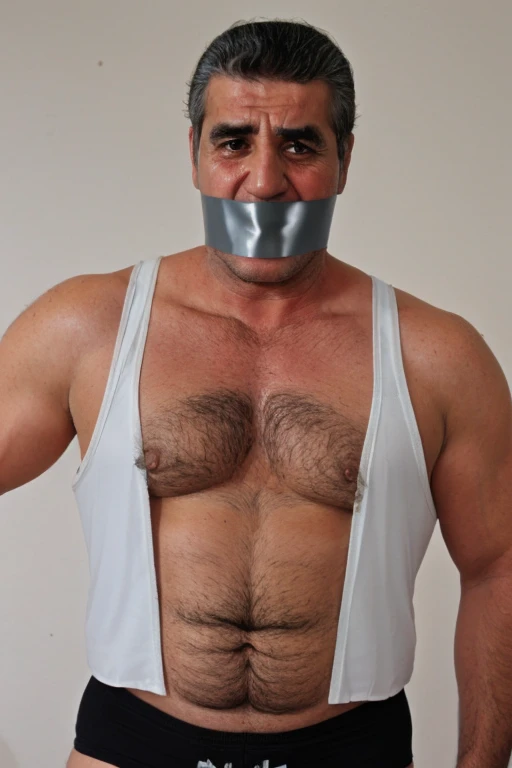 Old arab men,tape gag ,hairy chest, white men singlet, chubby