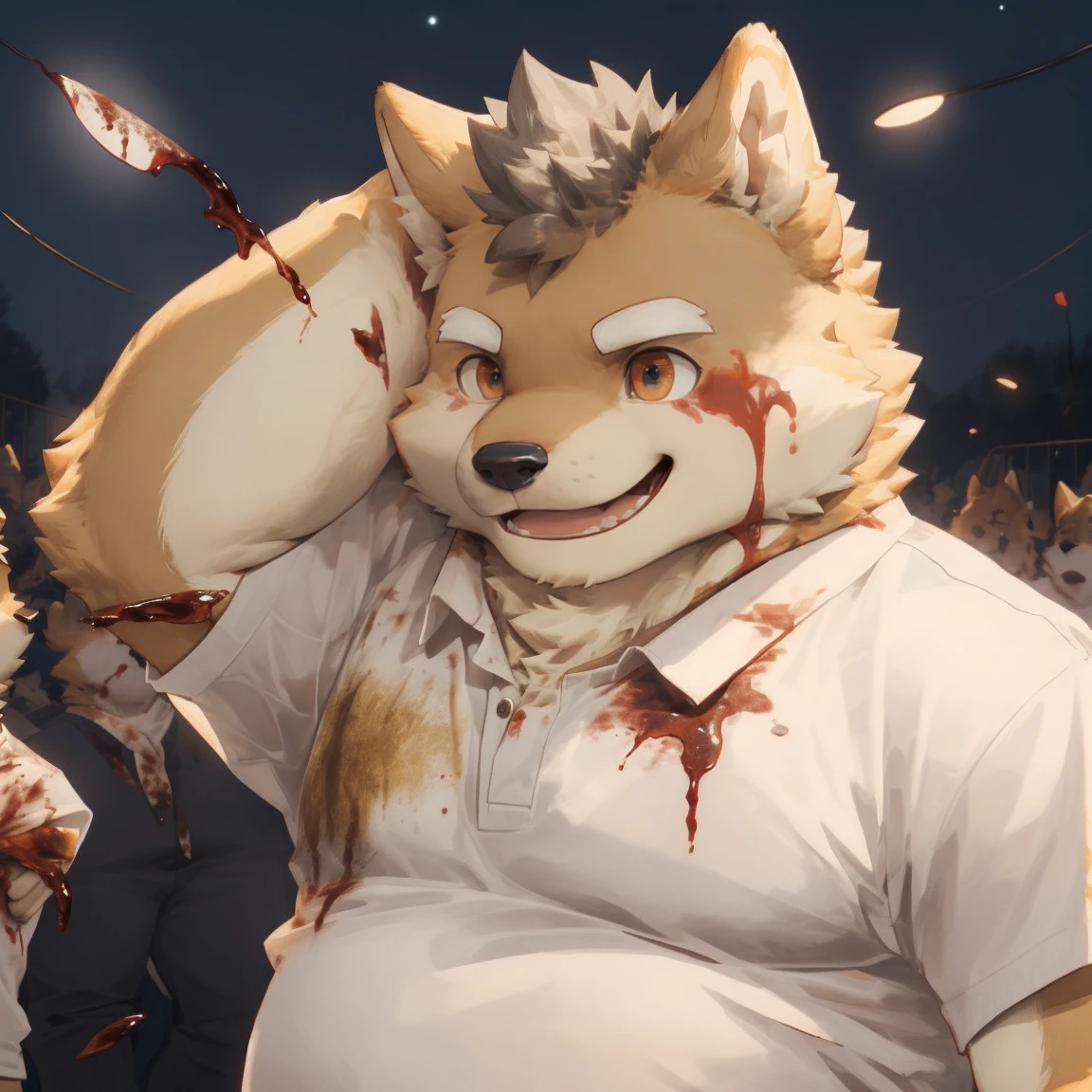 masterpiece, best quality, 8k resolution, Very detailed, hairy，Shiba Inu，(Black hair)，(((golden fur)))，(((Blood red eyes)))，Chubby，Chubby face，(((White shirt)))，(((Loose shirt)))，((Black pants))，(((For the audience)))，Highest quality scene，(((Solitary)))，solitary，Upright，portrait，((Hand drooping normally))，((Night))，((bloody))，((Face-to-face))，(((Eyes on me)))，(((The eyes are empty)))，(((Tilting your head)))，(((Round face)))，(((Smiling evilly)))，(((whole body)))，