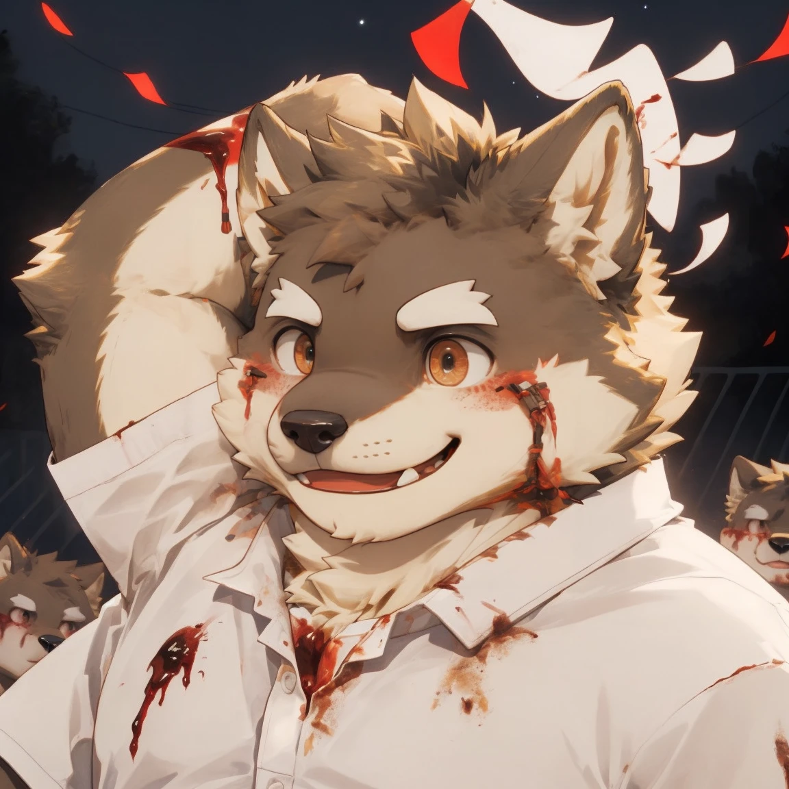 masterpiece, best quality, 8k resolution, Very detailed, hairy,Shiba Inu,(Black hair),(((golden fur))),(((Blood red eyes))),Chubby,Chubby face,(((White shirt))),(((Loose shirt))),((Black pants)),(((For the audience))),Highest quality scene,(((Solitary))),solitary,Upright,portrait,((Hand drooping normally)),((Night)),((bloody)),((Face-to-face)),(((Eyes on me))),(((The eyes are empty))),(((Tilting your head))),(((Round face))),(((Smiling evilly))),(((whole body))),