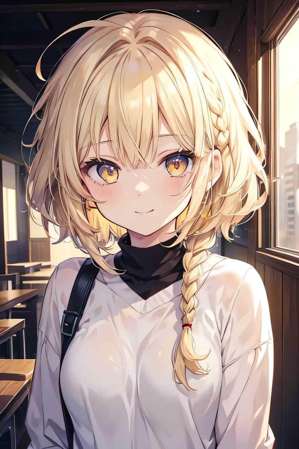 girl, cute anime girl, smiling, beige hair, short hair, hair in a braid on the side, messy hair, light yellow eyes moe style anime