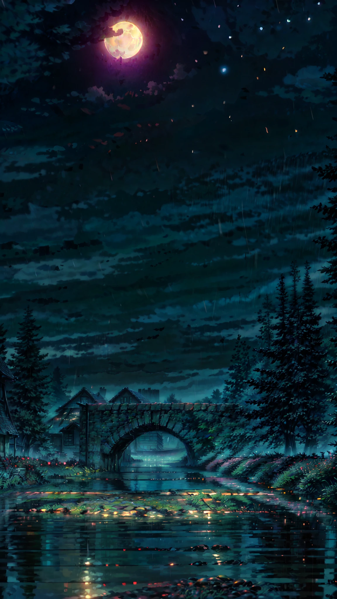 A painting of an autumn landscape, dead trees, dark cloud, rain:: 5, rain storm:: 5, mud puddle, dead grassy field, night time light, dark sky, full moon.
