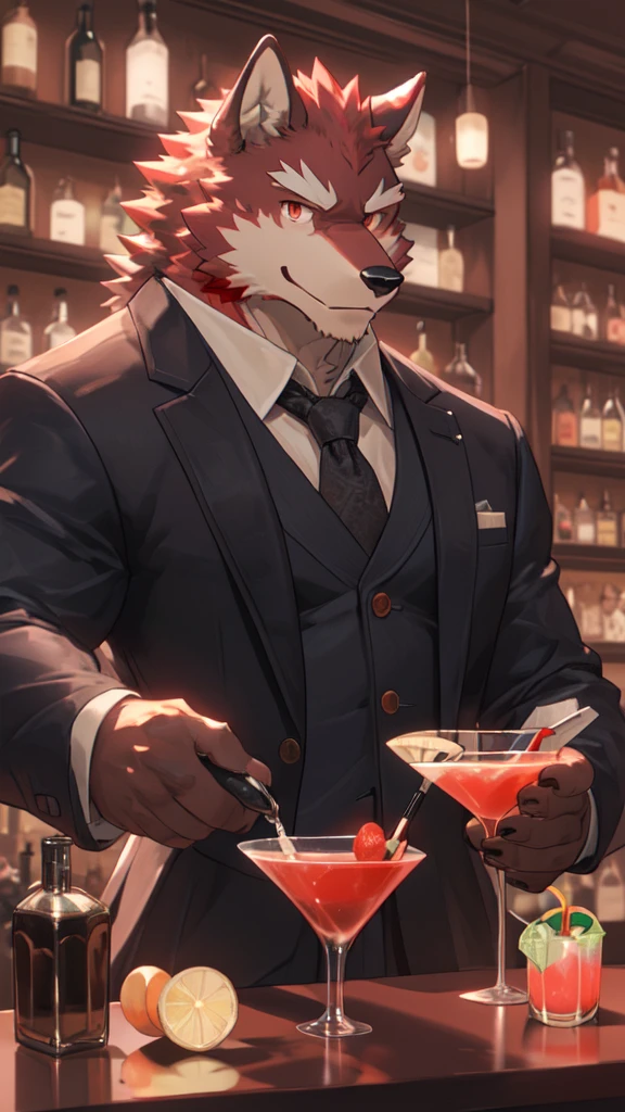 Best quality, diederich olsen (/knights college/), wolf, kemono, nj5furry, Red Fur, Red eyes, Medium Muscular Body, Solo, A charming bartender, elegant Pose, suit, Fierce eyes, Smille, a dimly lit bar, (meticulously measuring and pouring ingredients for a cocktail:1.5), behind the counter, full body