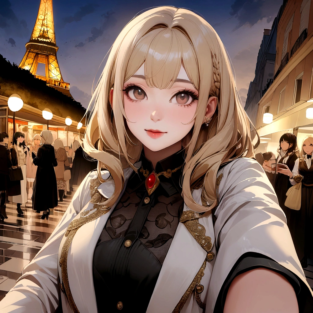 femme pleinement , blonde, ultra realist, regarde la camera, Meticulously detailed, cheveux bruns, selfie of a young woman, maquillage naturel, Superbe corps complet, dans la rue, la nuit, costume, exterieur, veste costume, TERASSE of a coffee, le soir, at the Eiffel Tower