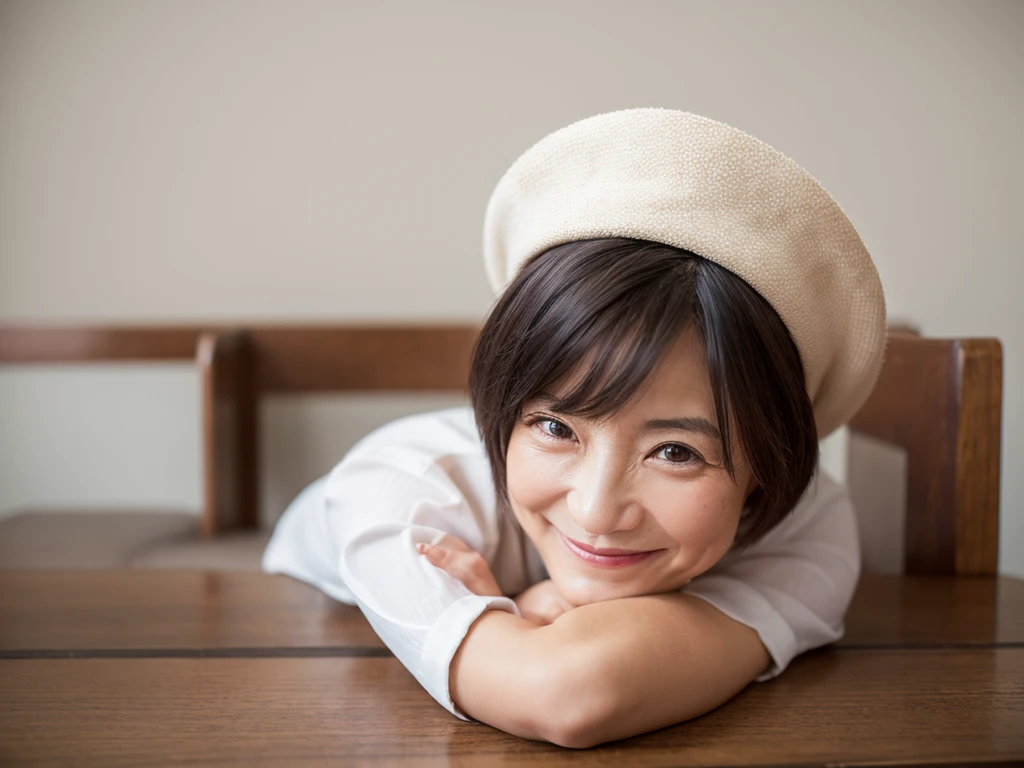 (Highest quality、8K、32k、masterpiece)、White background、40s、Black short hair、Wrinkles、Japanese、naughty smile、coffee