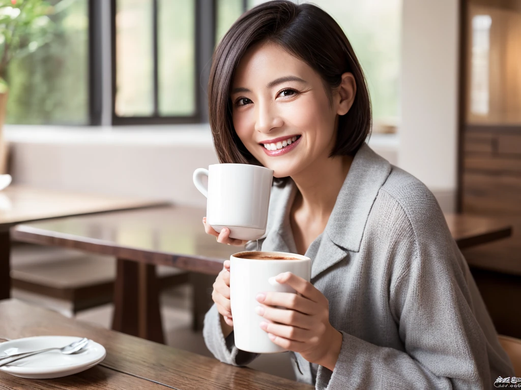 (Highest quality、8K、32k、masterpiece)、White background、40s、Black short hair、Wrinkles、Japanese、naughty smile、coffee