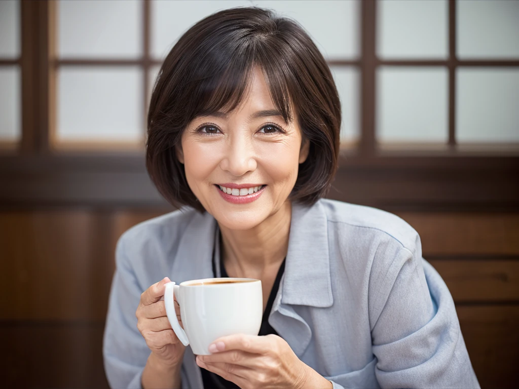 (Highest quality、8K、32k、masterpiece)、White background、40s、Black short hair、Wrinkles、Japanese、naughty smile、coffee