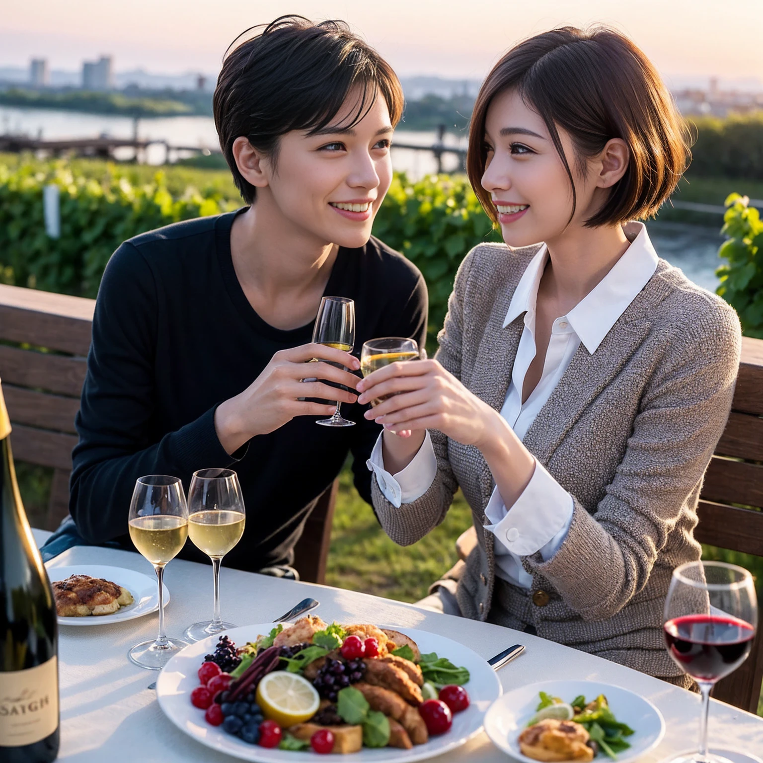 ((Highest quality、、masterpiece:1.3))、 (Genuineistic, Genuine、Bright image、Intricate details:1.2), 最高のsmile、1 male 1 female、Slim Body、Beautiful couple、Satomi Ishihara-like lover、Good friends、actress couple、smile、A full-course dinner with a full table、 (Slim face), (the body is slim), (Brown Hair), (short hair), テーブルのwine glass、Please shine a light on my face、 Amazing view of the sunset sky and clouds、 (Age 35)38 years old, red wine 、Wine bottle、sparkling wine、Long sleeve shirt、dress、White wine, red wine, wine glass,