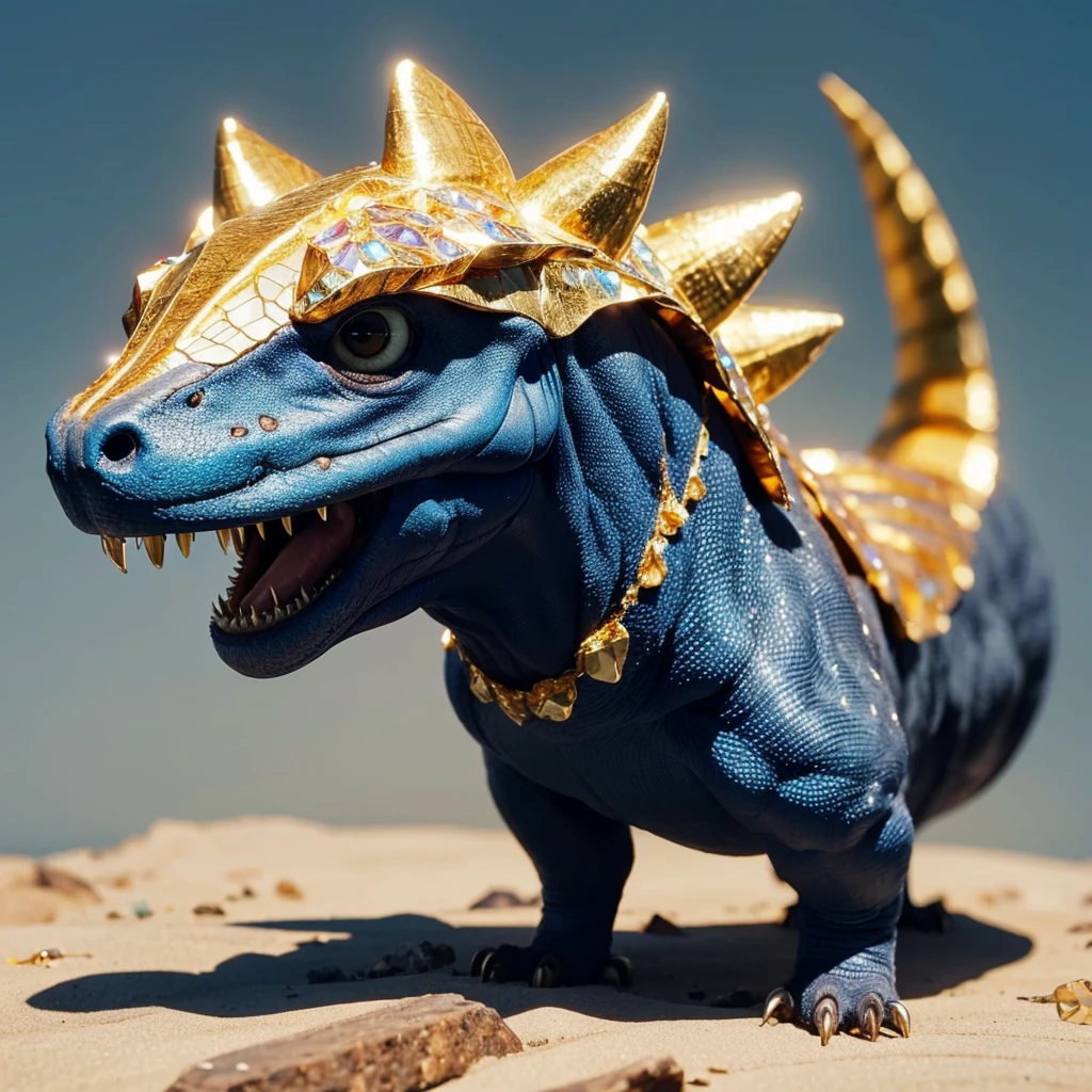 Small Animaly, generate dinosaurus mixed with Crystal, (the skin is gold), has blue stripes on his skin, white eyes, Grassroots, no background,