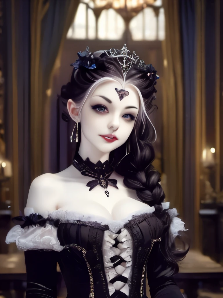 arafed woman with a flower crown on her head smiling, pale goth beauty, pale skin and dark eyes, pale ivory skin, ivory pale skin, pale skin curly blond hair, with pale skin, with curly black and silver hair, beautiful frankenstein, she looks like a mix of grimes, 1 7 - year - old goth girl, victorian vampire, goth girl aesthetic