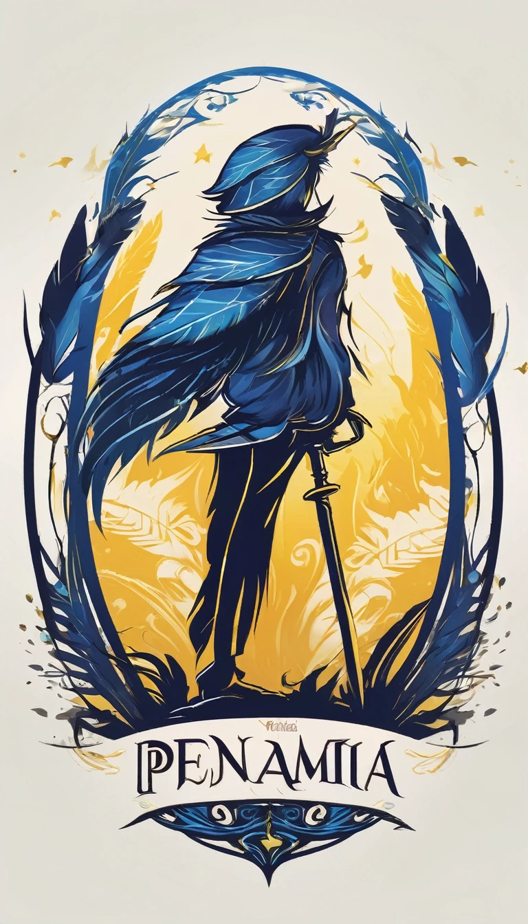 Create a minimalistic, simple, fantastic, easy to understand, logo design of a boy and a feather for an upcoming Fantasy Role Playing Game called " Penamemoria". The game is about a world full of bird and feathers. A boy enters that world and discovers his true artistic identity. Create a logo design that transmits the essence of this videogame. It´s a fantasy game, with fantasy elements. Create the logo in the center and a fantasy theme as background. Use the colours blue, white, yellow in the logo. The logo design must convey a sense of fantasy, dreams and music. Must convey a feeling of being a true Dreamer