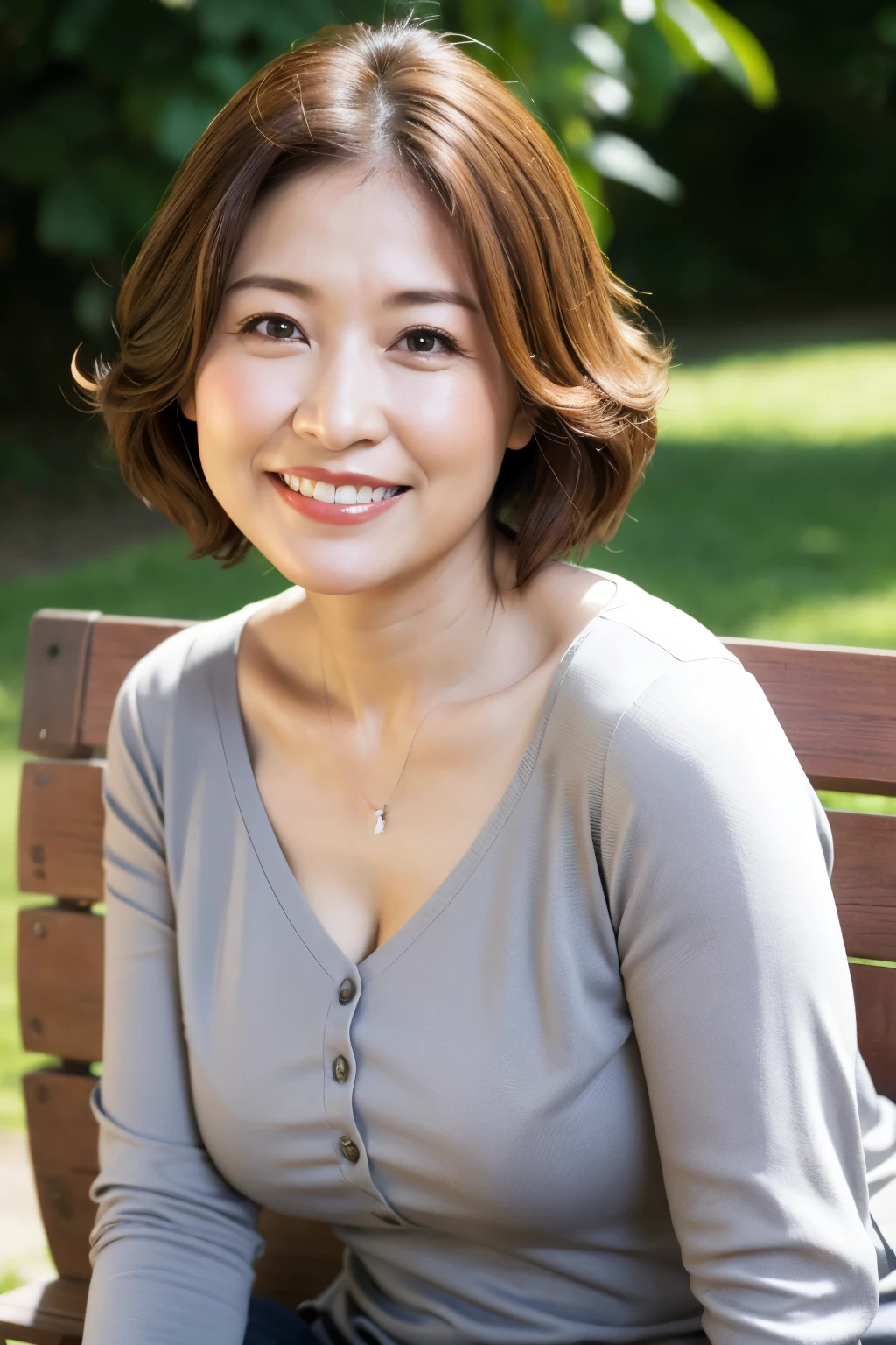 最high quality, In 8K, Masseter region, real, Sharp focus, high quality, High resolution, Detailed face, Fine grain, Thick lips, Background Blur, alone, Full body photography, Middle-aged women, , 65 years old, , Wavy Hair, Cleavage, Wearing a plain short-sleeved knit, Sitting on a park bench, Wrinkles around the eyes, Smiling with teeth showing