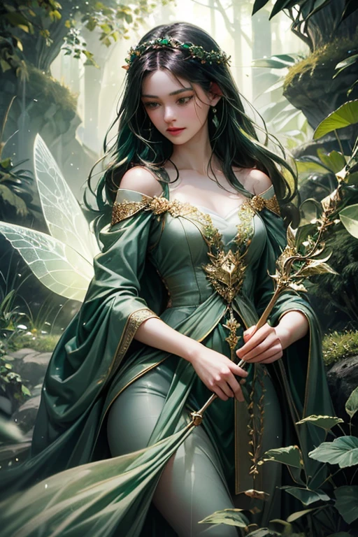 "Create an ultra-realistic image of a stunning 15-year-old female fairy with a delicate, ethereal presence, holding a magical staff imbued with the power of nature. She should be dressed in an elegant, ((((((dark green)))))) outfit that reflects her connection to the natural world. Surround her with elements of nature, such as blooming flowers, lush greenery, and gentle forest light, to highlight her mastery over this element. Include a distinct nature symbol on her body, indicating her role as the guardian of nature, showcasing the profound, nurturing power of nature she possesses within her."