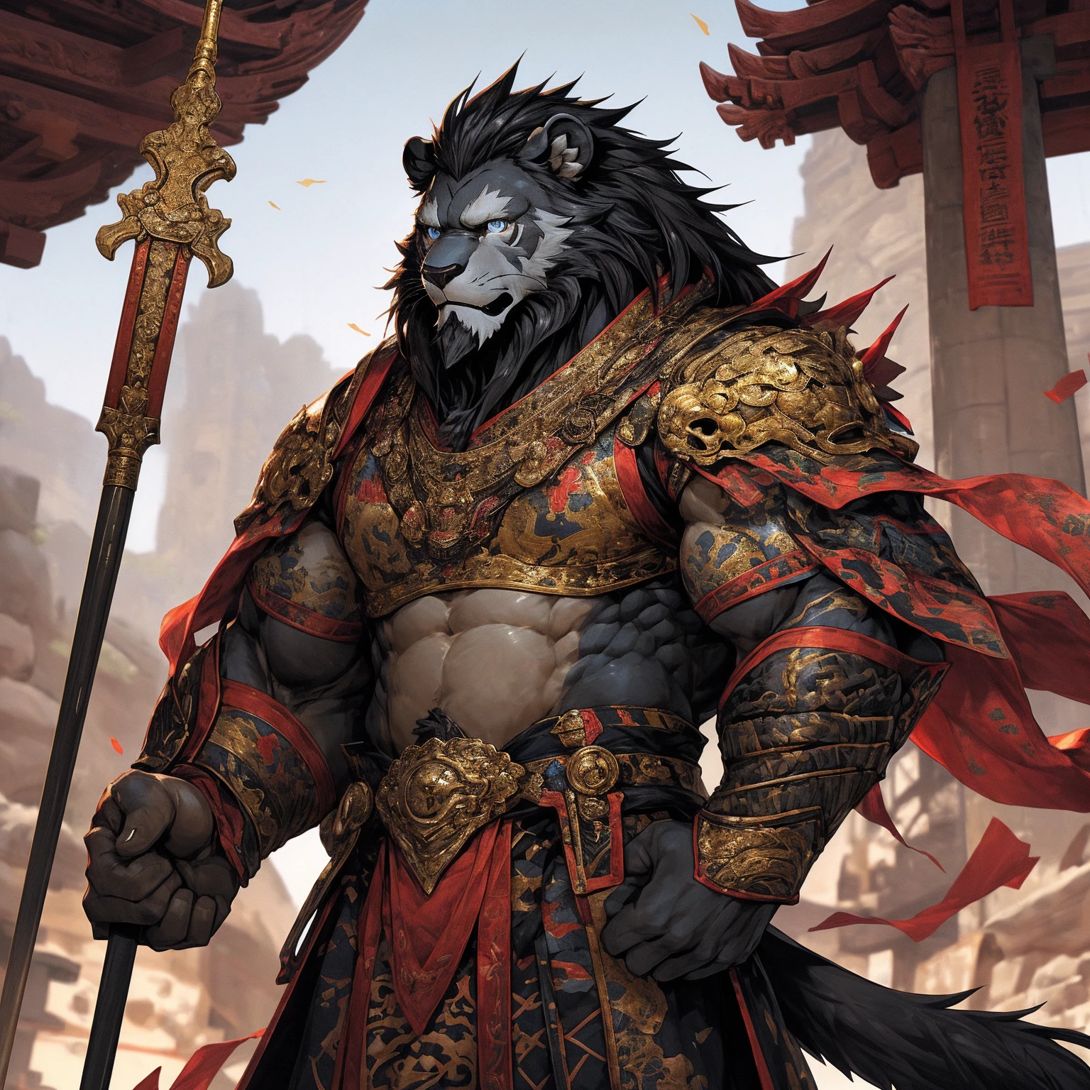 (Black lion),(金色General战袍),Holding a spear,Powerful gesture,Stand confidently and proudly,(边塞Great Wall与沙漠戈壁为背景:1.2.Great Wall),abdominal muscles,Heroic Stance飒爽,完美的masterpiece,Various facial details,Long-term perspective,specific description,masterpiece,CG,(Light blue eyes),Light black pattern,Black tail,General,Heroic Stance,Golden fur,Specific facial details,Half Body,(炎火General战履),(Chang Ling),((middle aged)),(Face Focus),(16K),HD,Red and white belly,temple,beard,(Face line),Different students,(blouse detailed with gold),,Strong,muscle,(high resolution:1.3),Chinese style general holding a long sword,Looking into the distance
