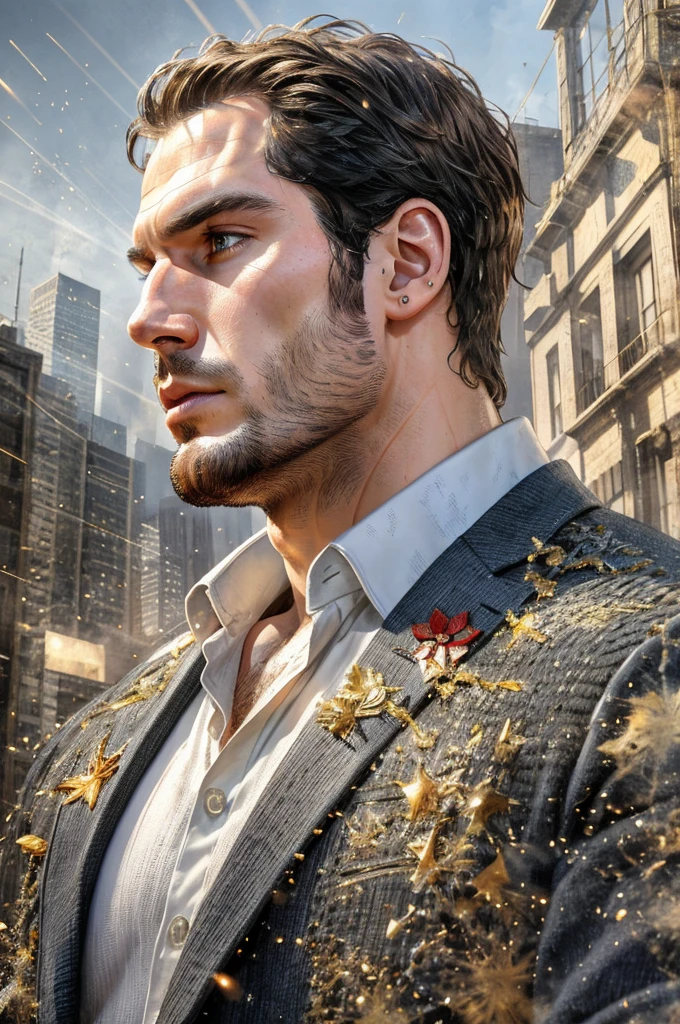 Photo RAW portrait handsome, Henry Cavill super man, piercing gaze,  high quality textures, high quality shadows, high detail, beautiful detail, fine detail, extremely detailed computer graphics, detailed textures, realistic faces, atmosphere of fear and unease, sensual moment from the point of view of someone in a close embrace with a muscular man bathing in smoke with bright laser eyes