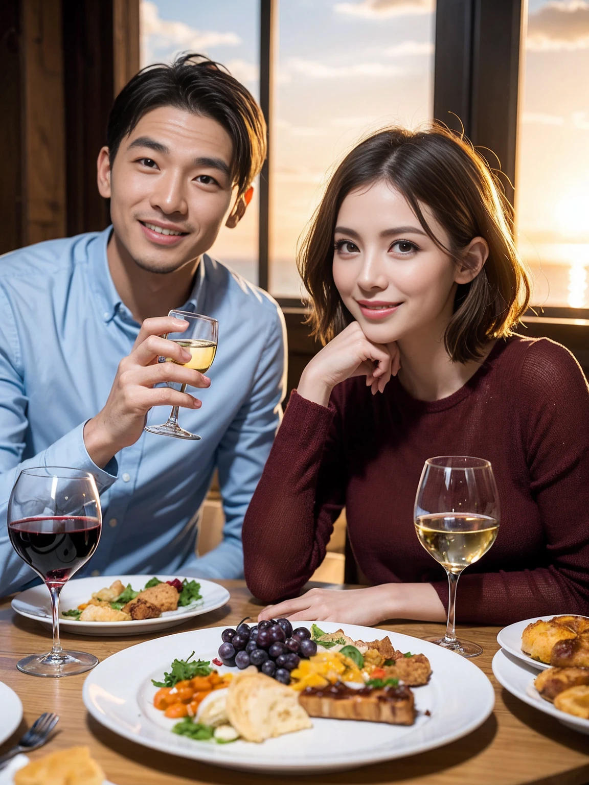 ((Highest quality、8K、masterpiece:1.3))、 (Genuineistic, Genuine、Bright image、Intricate details:1.2), 最高のsmile、1 male 1 female、Beautiful couple、Lovey-dovey lovers、fiancee、Good friends、actress couple、smile、Full-course dinner at a packed table、 (Slim face), (the body is slim), (Brown Hair), (short hair), テーブルのwine glass、Please shine a light on my face、 Amazing view of the sunset sky and clouds、42 years old 39 years old, red wine 、Appetizers、Wine bottle、sparkling wine、Long sleeve shirt、dress、White wine, red wine, wine glass,