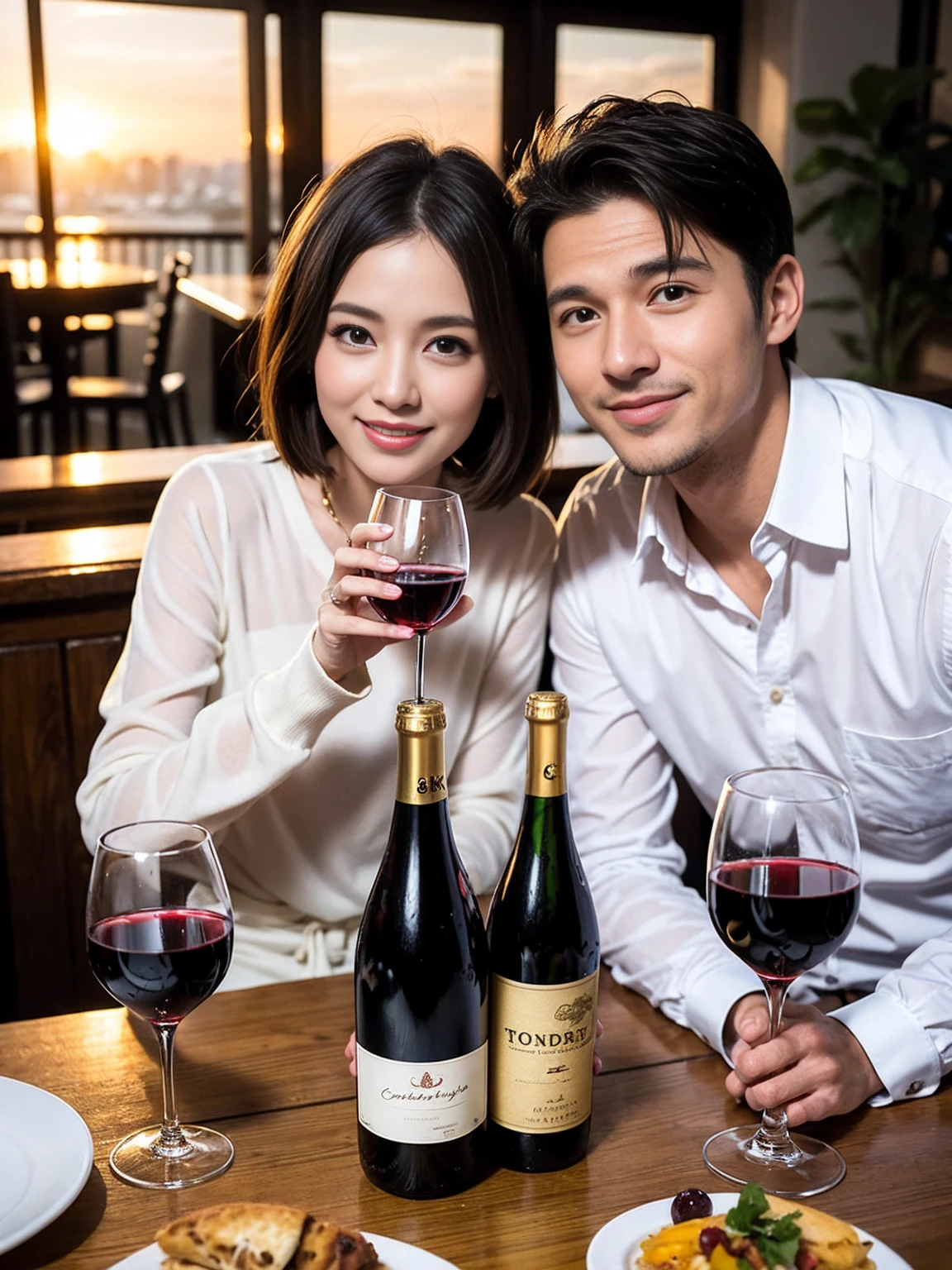 ((Highest quality、8K、masterpiece:1.3))、 (Genuineistic, Genuine、Bright image、Intricate details:1.2), 最高のsmile、Wine Party、full-course dinner、Beautiful couple、The pink lovers、actress couple、smile、 (Slim face), (the body is slim), (Brown Hair), (short hair), テーブルのwine glass、Please shine a light on my face、 Amazing view of the sunset sky and clouds、 years old)40 years old, red wine 、Appetizers、Wine bottle、sparkling wine、Long sleeve shirt、dress、White wine, red wine, wine glass,