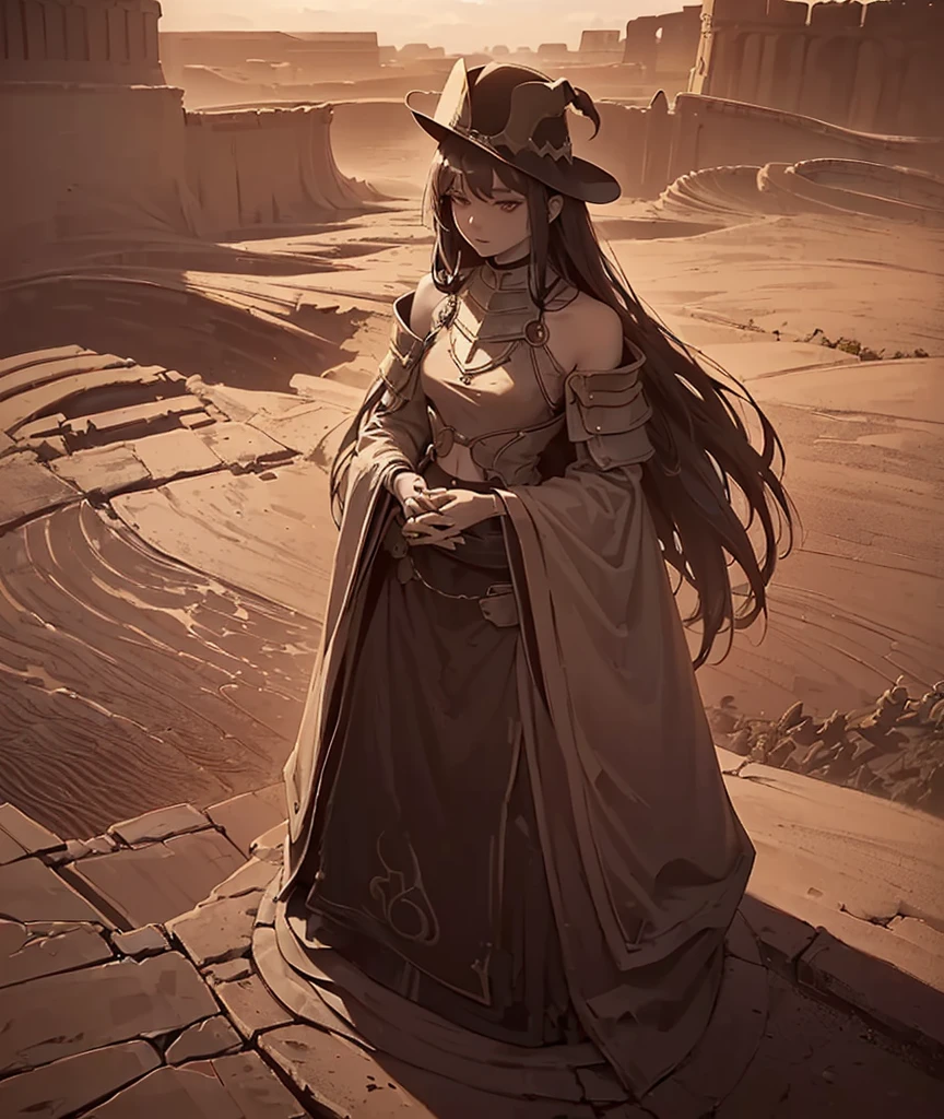 ((((high fantasy, high magic, underground ruins))), 1girl, intense, standing, (((breastplates, partially exposed stomach, high waisted pants))), ((breasted variant 1.2, segmented body 1.2, segmented sleeves)), segmented hair 0.8, ((long hair cut 0.9, ((bangs, shoulder length hat))), (high detailed face 0.9)), ((centered)), (wide shot), facing viewer, (((outdoors, sandstone ruins, endless dunes)), dark red lighting, medium breasts, looking down, ((half closed eyes))), ((perfect hands))), 100 years old, (head tilt), (((resolute)), ((determined)), (((high contrast)))