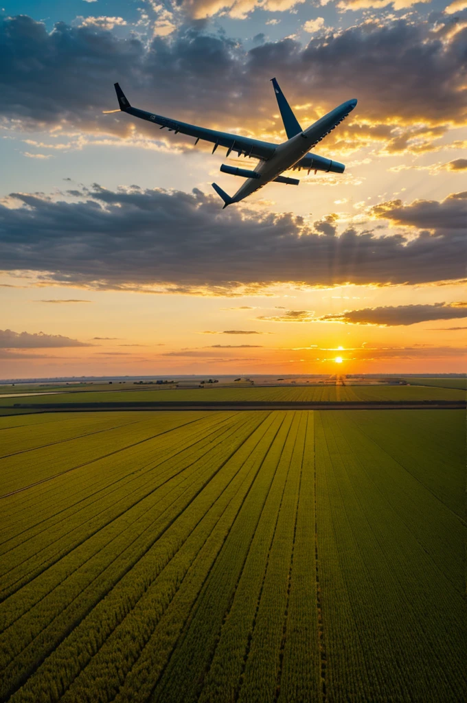 Airplane maize, flying over a rye field at sunset