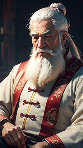 solo、Oriental、Intelligent old man、An elderly man in plain white ancient Chinese costume、Ancient Chinese hairstyle old man、Highest quality、masterpiece、Ultra-high resolution、(Realistic:1.4)、Game Poster、Crisp and beautiful image quality、White Hair、white and long beard,、Embroidered cloth wrapped around a topknot、