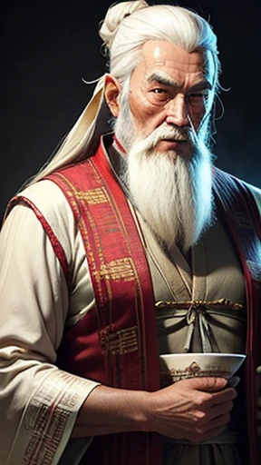 solo、Oriental、Intelligent old man、An elderly man in plain white ancient Chinese costume、Ancient Chinese hairstyle old man、Highest quality、masterpiece、Ultra-high resolution、(Realistic:1.4)、Game Poster、Crisp and beautiful image quality、White Hair、white and long beard,、Embroidered cloth wrapped around a topknot、