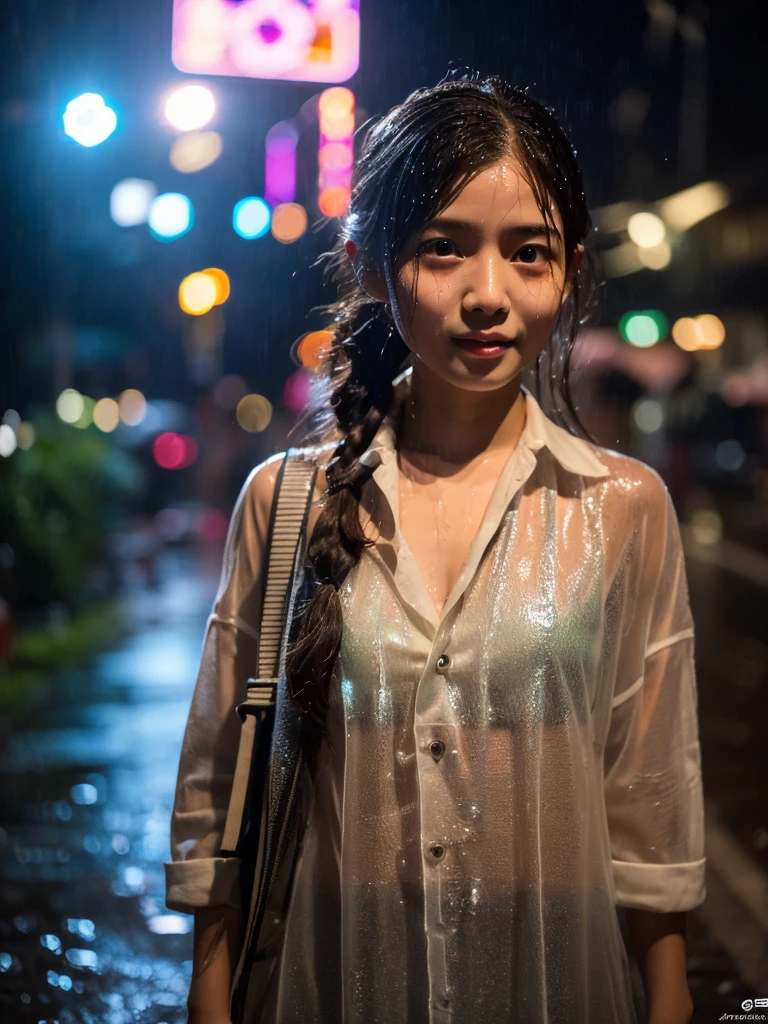 songkran,Wet roads , soaked through,drenched, Dripping, Wet Face,Wet clothes, Wet Skin, Wet Hair,A young woman with a cute face like an idol,chest,(Cinema lighting),(High level of artistry),RAW Photos,Genuine,Genuine,High resolution,RAW Photos,masterpiece, beautiful