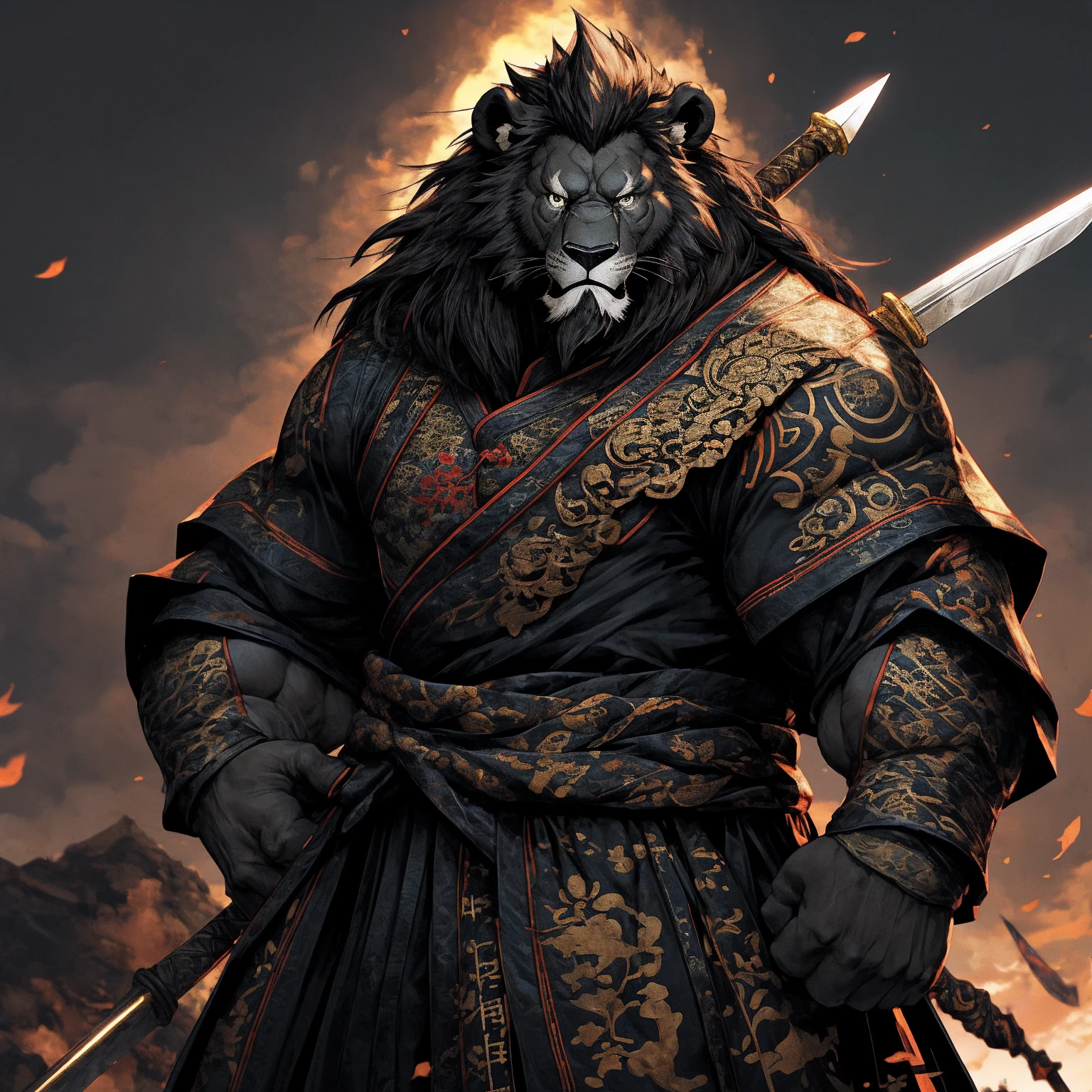 (Black Lion),(Black combat robe),Holding a spear,Powerful gesture,Stand confidently and proudly,Chinese style general holding a sword looking into the distance Longcheng middle-aged serious face beard,Strong,muscle,(high resolution:1.3)