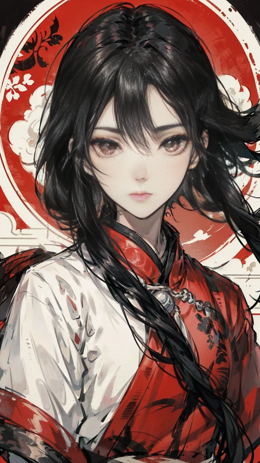 Mature girl, black hair, floating hair, delicate eyes, red pupils, black and red antique damask hanfu, FOV, f1.8, masterpiece, complex scene, gorgeous portrait shot