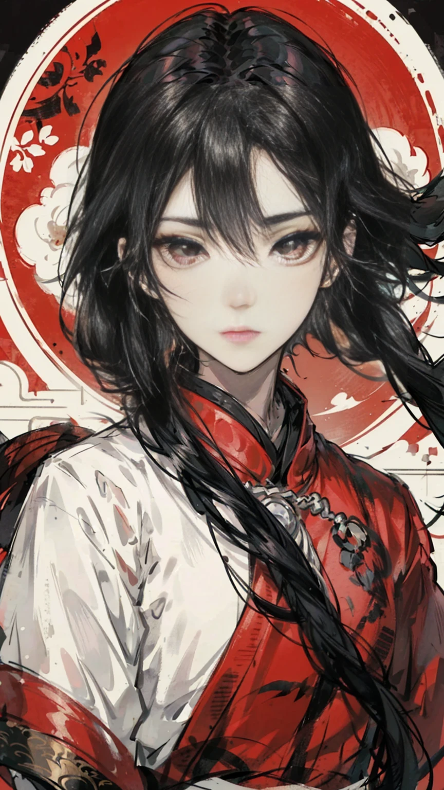 Mature girl, black hair, floating hair, delicate eyes, red pupils, black and red antique damask hanfu, FOV, f1.8, masterpiece, complex scene, gorgeous portrait shot