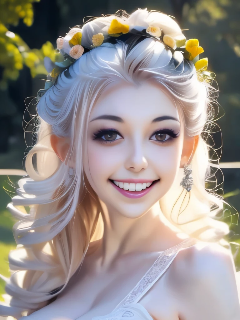 arafed woman with a flower crown on her head smiling, a pastel inspired by Winona Nelson, tumblr, rococo, pale goth beauty, pale skin and dark eyes, pale ivory skin, ivory pale skin, pale skin curly blond hair, with pale skin, with curly black and silver hair, beautiful frankenstein, she looks like a mix of grimes