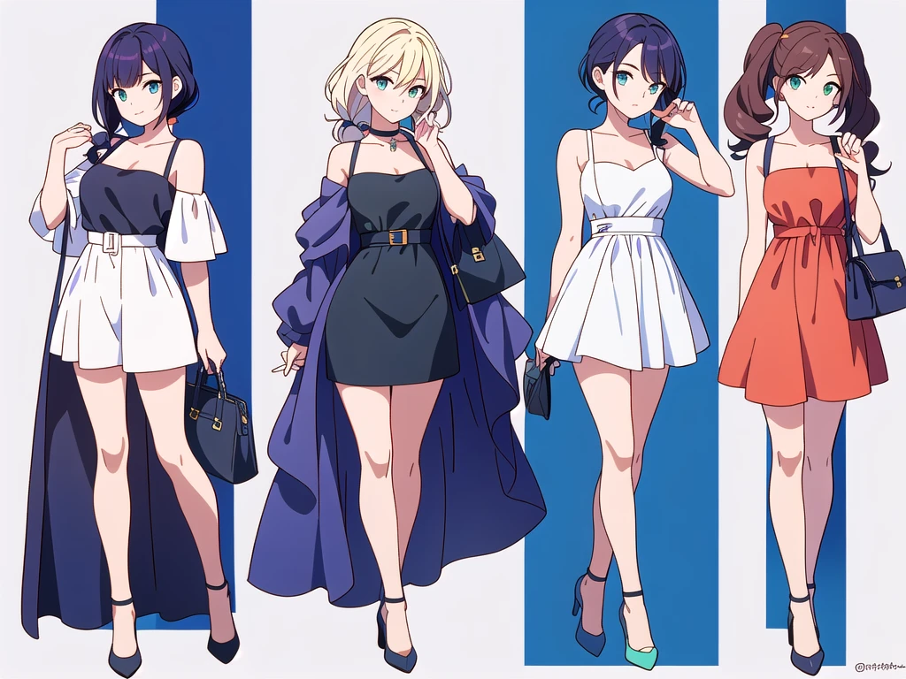 (((Best Quality))) , ((full body)), 4 lady, adult woman, multiple views, white background, variety of hairstyles, variety of fashion styles, seductive pose, fashionable and trendy atmosphere, holding bag, spring outfits, walk pose, dark blue/dark orange/dark green/dark violet/brown/white, short shorts,