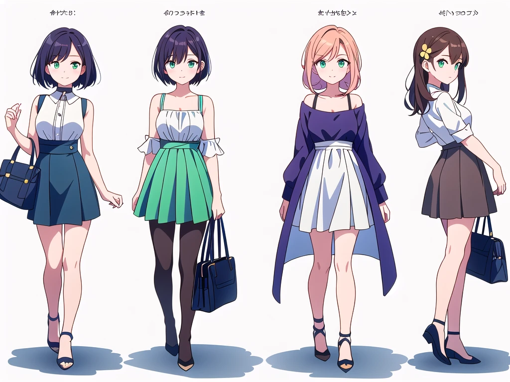 (((Best Quality))) , ((full body)), 4 lady, adult woman, multiple views, white background, variety of hairstyles, variety of fashion styles, seductive pose, fashionable and trendy atmosphere, holding bag, spring outfits, walk pose, dark blue/dark orange/dark green/dark violet/brown/white, short shorts,