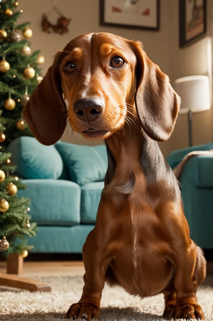 A charming, Pixar-style animation of a dachshund. The dog has big, expressive eyes and a slightly oversized head typical of Pixar characters. The fur is smooth and shiny, with a rich brown color. The setting is a cozy living room with soft lighting, where the dachshund playfully chases a bouncing ball. The camera follows the dog's joyful movements, capturing its playful personality and animated expressions.
