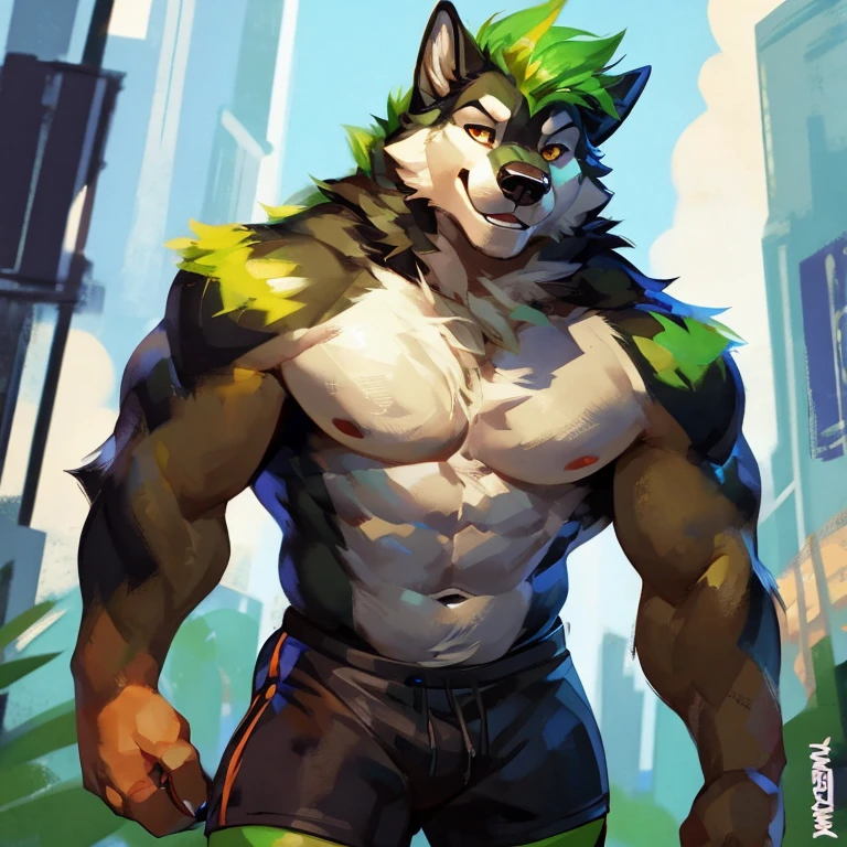 Medium muscular, Husky Wolf , shirtless, in black shorts, Amber eyes, bluish-green mane, bluish-black fur, cream-white fur, By mystikfox61