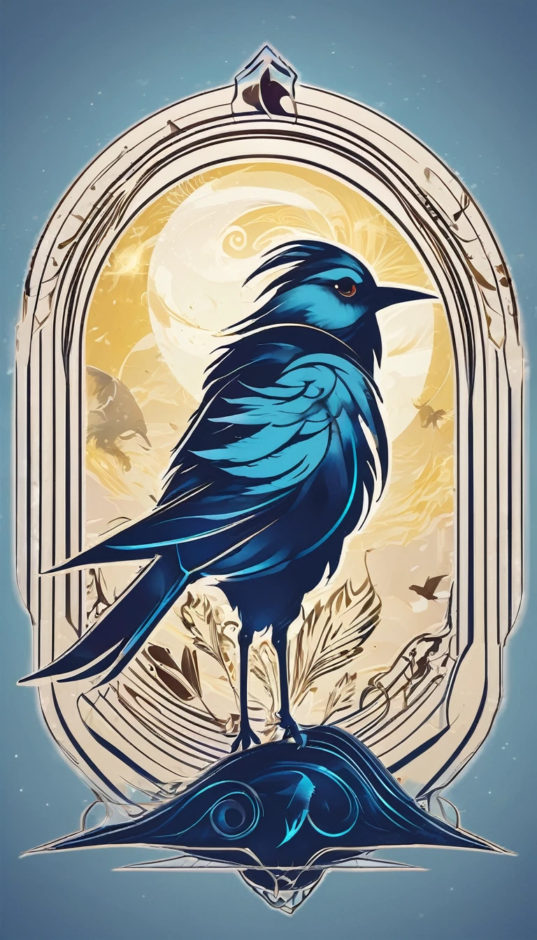 Create a minimalistic, simple, fantastic, easy to understand, logo design of a feather and a bird for an upcoming Fantasy Role Playing Game called " Penamemoria". The game is about a world full of bird and feathers. A boy enters that world and discovers his true artistic identity. Create a logo design that transmits the essence of this videogame and the poetic, fantastic journey of the boy and his acoustic guitar. It´s a fantasy game, with fantasy elements. Create the logo in the center and a fantasy theme as background. Use the colours blue, white, yellow in the logo. The logo design must convey a sense of fantasy, dreams and music. Must convey a feeling of being a true Dreamer
