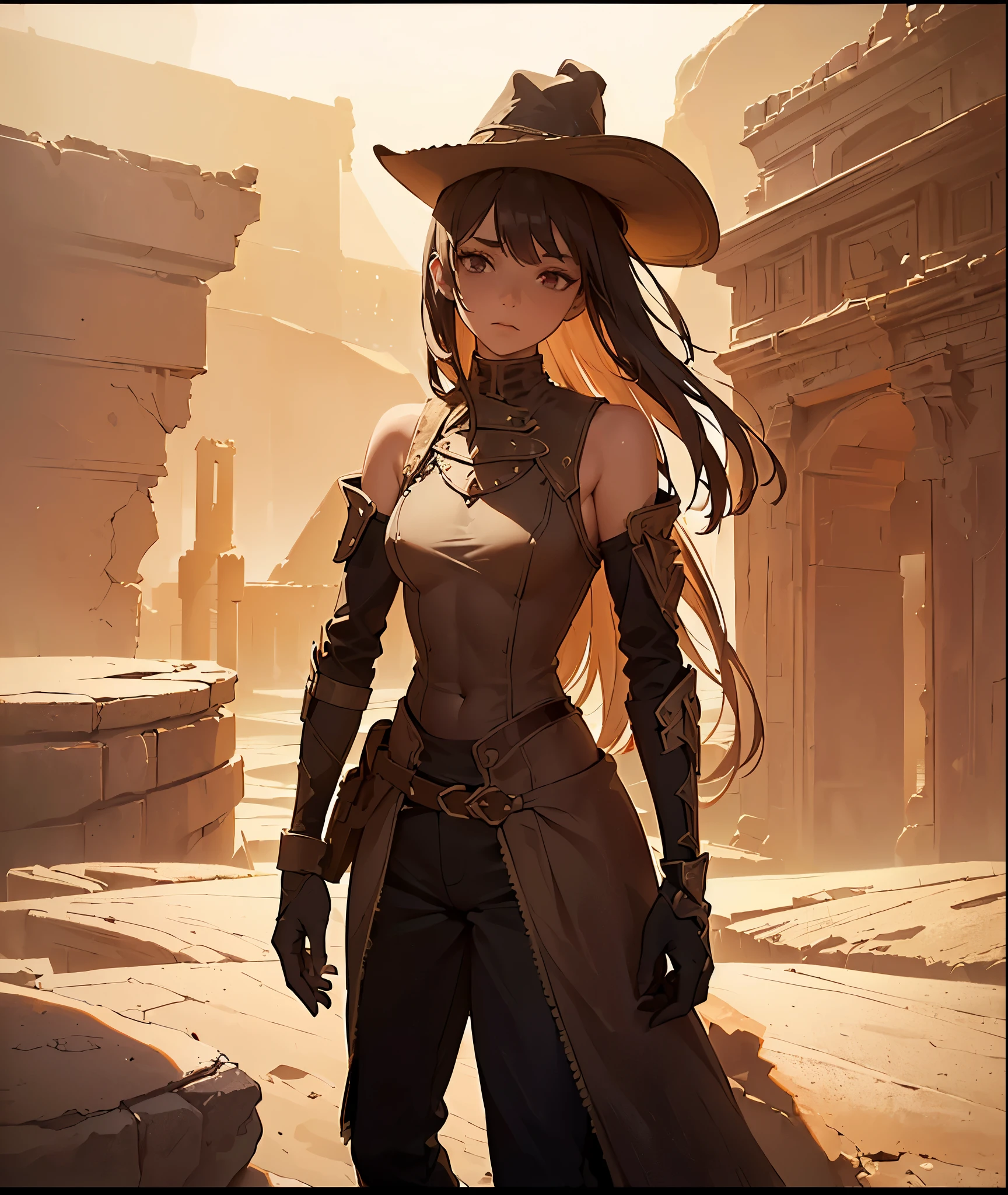 ((((high fantasy, high magic, underground ruins))), 1girl, intense, standing, (((breastplates, partially exposed stomach, high waisted pants))), ((breasted variant 1.2, segmented body 1.2, segmented sleeves)), segmented hair 0.8, ((long hair cut 0.9, ((bangs, shoulder length hat))), (high detailed face 0.9)), ((centered)), (wide shot), facing viewer, (((outdoors, sandstone ruins, endless dunes)), dark red lighting, medium breasts, looking down, ((half closed eyes))), ((perfect hands))), 100 years old, (head tilt), (((resolute)), ((determined)), (((high contrast)))