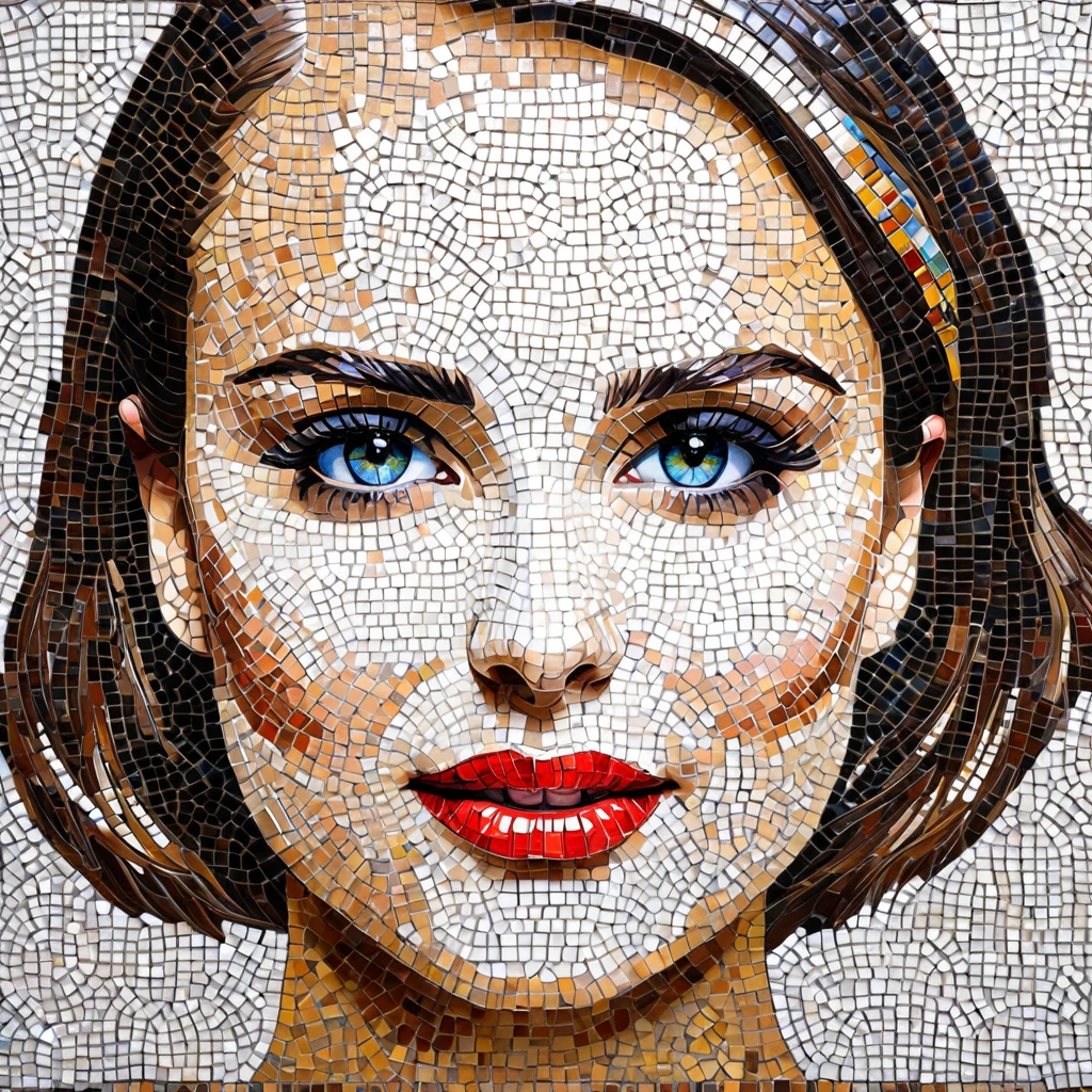 mosaic three quarters view impressionist portrait of Natalie Portman, mosaic tiles cover entire surface of painting including eyes, eye brows, lips, nose, and hair
