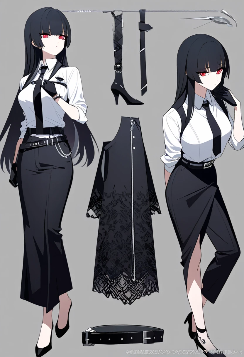 One woman,Dynamic,whole body,Are standing,mysterious,Concept Art,Character Design,Jet black straight hair,The bangs are trimmed to accentuate the eyes.,Well-proportioned face,Sharp Eyes,White shirt,Black tie,Black slacks,Silver cufflinks on the left hand,On the ring finger of her right hand she wears a simple silver ring.。Luxury watches,Black leather shoes,beltでウエストラインを強調,Arknights Wind,Stylish,Red eyes,belt,Stylish,Simple background gray,Details,Okabo Hair,Half-open eyes,Cool appearance,,Black gloves,