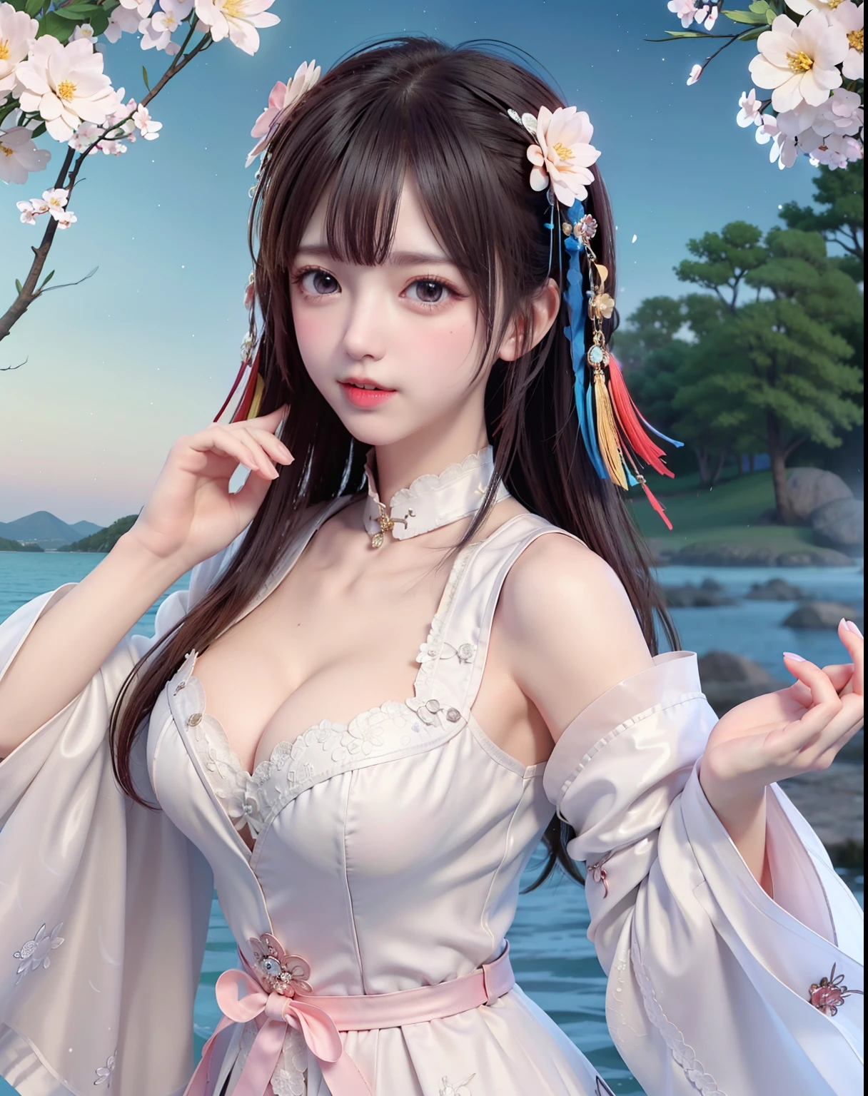 (8k, RAW photo:1.2), best quality, ultra high res,dramatic angle,(fluttered detailed color splashs), (illustration),(((1 girl))),(long hair),(rain:0.9), (Headdress:1.4),There is an ancient palace beside the girl,Hanfu,(Key Points),Color ink painting,(Splash of Color),Splash of Color,(((colorful))),(sketch:0.8) , Masterpiece, best quality, beautiful painted, highly detailed,(denoising:0.6),[splash ink],((ink refraction)), (beautiful detailed sky),moon,highly,detaild,(masterpiece, best quality, extremely detailed） CG Unity 8k Wallpaper，masterpiece，best quality，Ultra Detailed），（Lycoris）. hanfu open v   open V-chested clothes Thin silk lace dress , (huge ，cleavage),, white pink, blue ，best qualtiy，tmasterpiece，Ultra-high resolution，（Reality：1.4），RAW photogr，（True skin texture：1.3），（filmgrain：1.3），（Selfie angle），1个Giant Breast Girl，Beautiful eye and face details，tmasterpiece，Best quality at best，，The chest more exposed， detailed hair, bra pink , detail 8k, upper body, lace petticoat