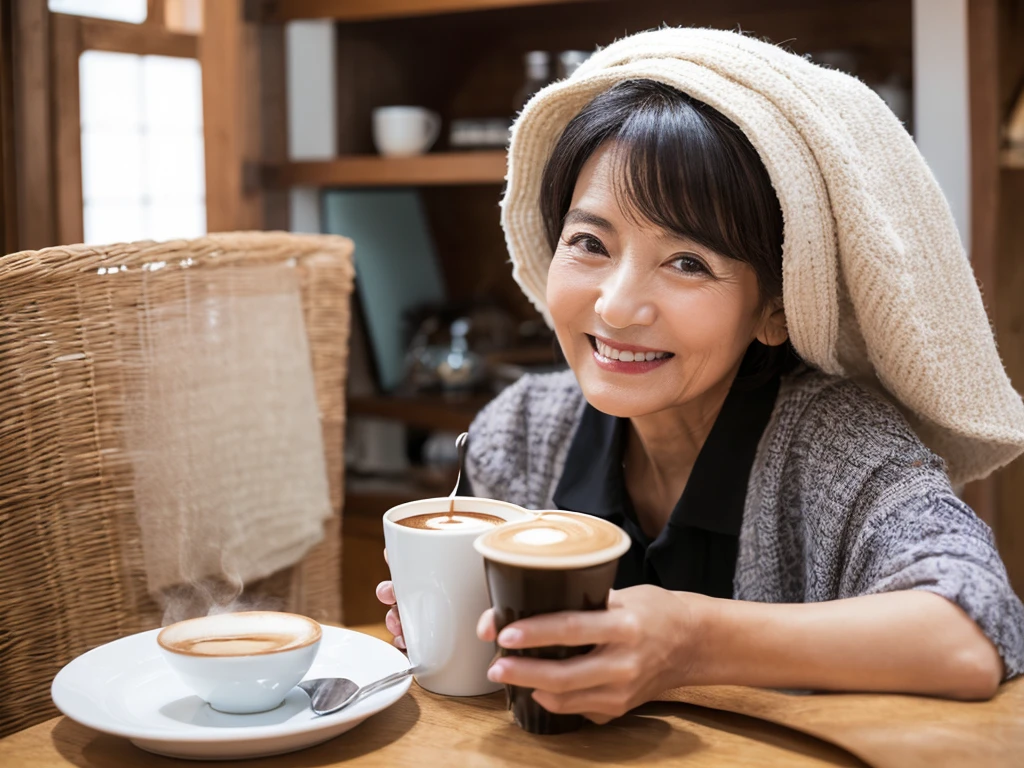 (Highest quality、8K、32k、masterpiece)、White background、40s、Black short hair、Wrinkles、Japanese、naughty smile、coffee
