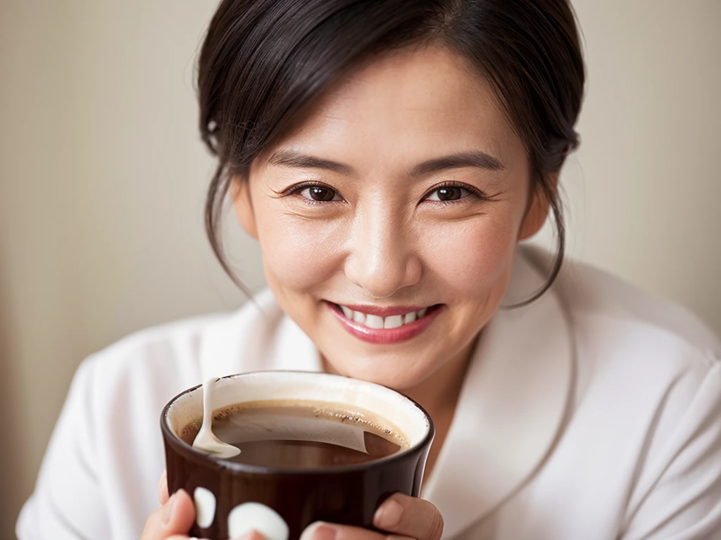 (Highest quality、8K、32k、masterpiece)、White background、40s、Black short hair、Wrinkles、Japanese、naughty smile、coffee